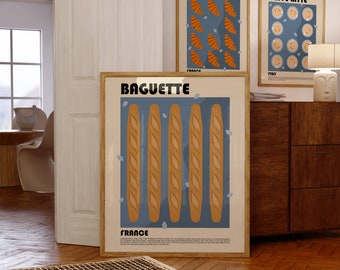 Baguette Print, Bread Poster, French Cuisine Poster, France Poster, Travel Print, Restaurant Poster, Minimalist Food Poster, Retro Food Art