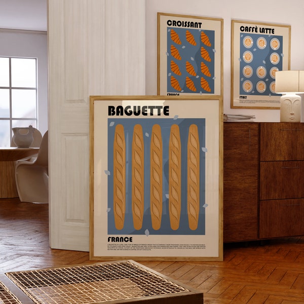 Baguette Print, Bread Poster, French Cuisine Poster, France Poster, Travel Print, Restaurant Poster, Minimalist Food Poster, Retro Food Art