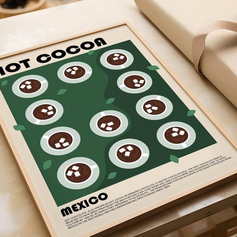 Lámina artística de chocolate caliente, póster de bebida mexicana, póster de México, arte moderno para la pared de la cocina, lámina para restaurante, lámina para cafetería, póster artístico de chocolate caliente imagen 4