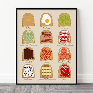 May include: A printable poster with illustrations of different toppings on toast. The poster features 12 different toast toppings, including butter, fried egg, avocado, cucumber and hummus, bacon, yogurt and strawberry, chocolate, beans, tomato and cottage cheese, blueberries, peanut butter banana, and jam.