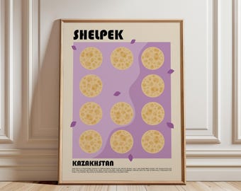 May include: A framed poster featuring the text SHELPEK and KAZAKHSTAN in black, bold font. The central design displays eleven circular, golden-brown flatbread illustrations arranged on a light purple background, accented by small purple leaf shapes.