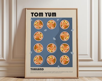 Peut inclure: Une affiche encadrée sur fond beige clair avec le texte TOM YUM et THAILAND en noir. Le centre présente un rectangle bleu contenant onze illustrations circulaires de bols de soupe aux tons orange avec des crevettes et des herbes.
