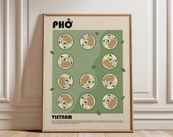 Lámina artística de Pho, póster de comida vietnamita, arte mural de comida asiática tradicional, decoración de cocina, regalo para amantes de la comida, póster de restaurante, arte de fideos asiáticos