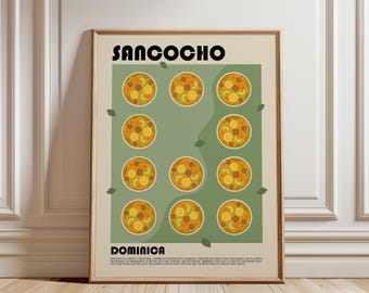 May include: A framed poster featuring the text SANCOCHO and DOMINICA with a grid of eleven illustrations of bowls of stew. The bowls contain yellow broth, brown meat chunks, and green vegetables on a sage green background with small leaf icons.