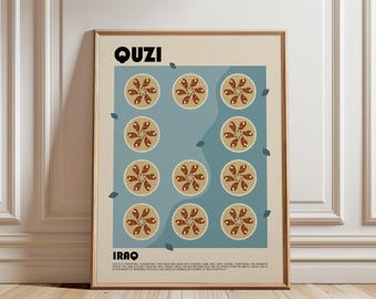 May include: A framed wall art print titled QUZI IRAQ featuring a light blue rectangular background with eleven circular illustrations of roasted meat dishes arranged in a grid pattern, accented by small dark blue leaf shapes and descriptive text.