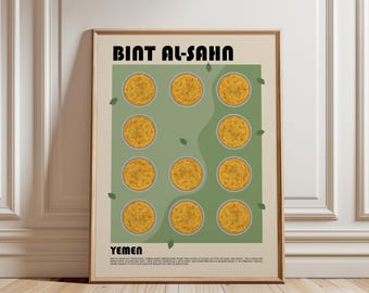 May include: A framed poster featuring the text BINT AL-SAHN and YEMEN. The design displays eleven circular illustrations of golden-brown flatbreads arranged on a sage green background with small leaf accents and descriptive text at the bottom.
