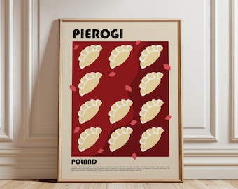 May include: A framed wall art print featuring the text PIEROGI and POLAND in black. The design displays a grid of twelve beige dumpling illustrations on a deep red background, accented by small scattered pink petals and descriptive text.