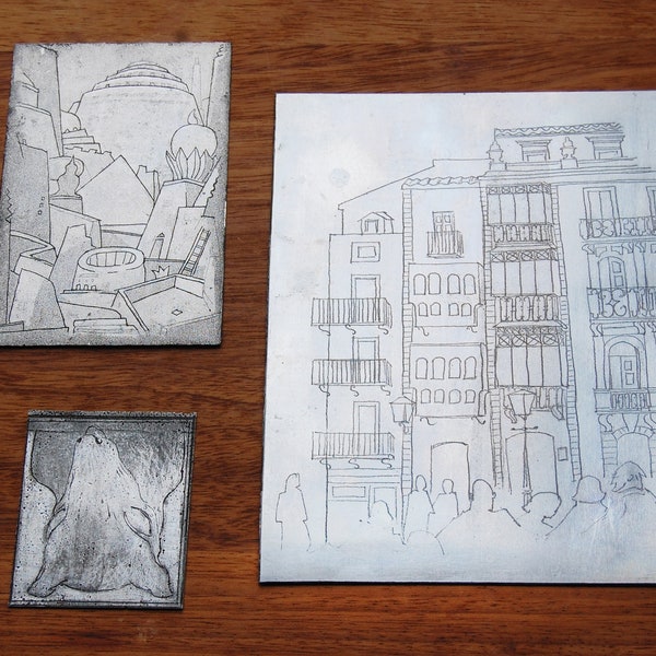 Dry Point Etching Plates - Original Metal Illustrations - Engraving Art - Simple Line Drawing