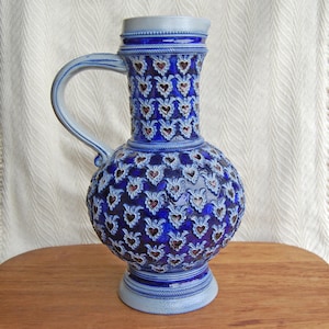Antique Westerwald German Stoneware Jug by Simon Peter Gerz I – Cobalt Blue Salt Glaze with Heart Motif – German Pottery Pitcher