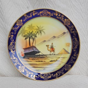 Vintage 1920-40&#39;s Epiag Czechoslovakia Hand Painted Decorative Plate – Camel & Desert Scene - Gold Trim, Cobalt Blue – Orientalist Porcelain