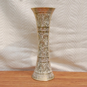 Large Vintage Indian Brass Vase - Decorative Etching - Intricate Design - Made In India - Heavy Brass Vase
