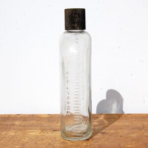 May include: A clear glass bottle with a dark brown cap. The bottle has measurement markings in tablespoons and a scale along the side. The bottle is cylindrical and sits on a wooden surface.
