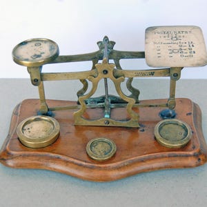Antique Victorian Brass Letter Scales with Weights & Wooden Base – Ornate Postage Balance with Postal Rate Information