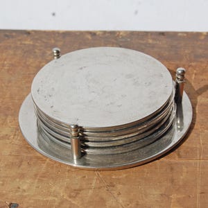 Vintage Silver-Plated Drinks Coasters Set with Chased Ornate Floral Design – Mid Century Barware (Set of 6 + Holder)