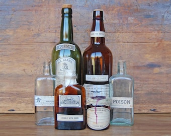 Antique-style Glass Apothecary Bottles - Victorian-era Faux Poison Bottles - Antique Pharmacy Aesthetic - Themed Displays - Theater Props