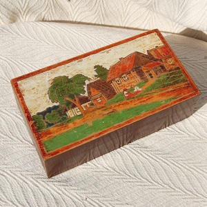 Vintage Russian Kustar Folk Art Wooden Box - Decorative Keepsake Box - Old Trinket Box