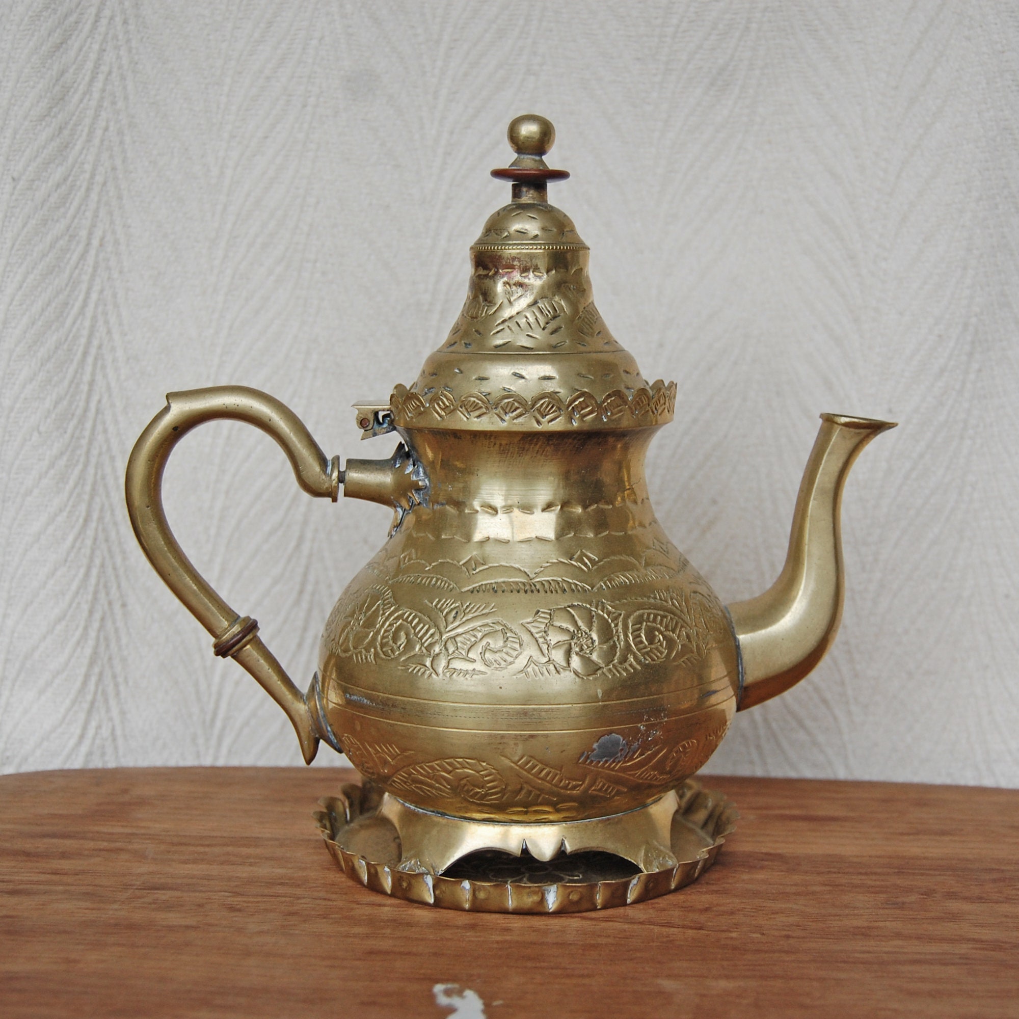 Vintage Moroccan Brass Teapot & Tray Stand Morocco Ornate Etsy