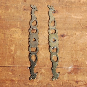 Pair of Vintage Brass French Rooster Drawer Pull Plates – Ornate Cabinet Handles with Patina