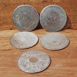 Vintage Silver-Plated Drinks Coasters Mixed Set with Chased Ornate Floral Design – Mid Century Barware
