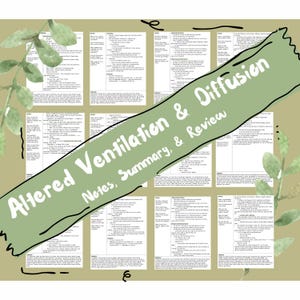 Könnte beinhalten: Eine grün-weiße Grafik mit dem Text "Altered Ventilation & Diffusion Notes, Summary, & Review" auf einem grün-weißen Hintergrund. Die Grafik ist eine visuelle Hilfe zum Lernen des menschlichen Atmungssystems.