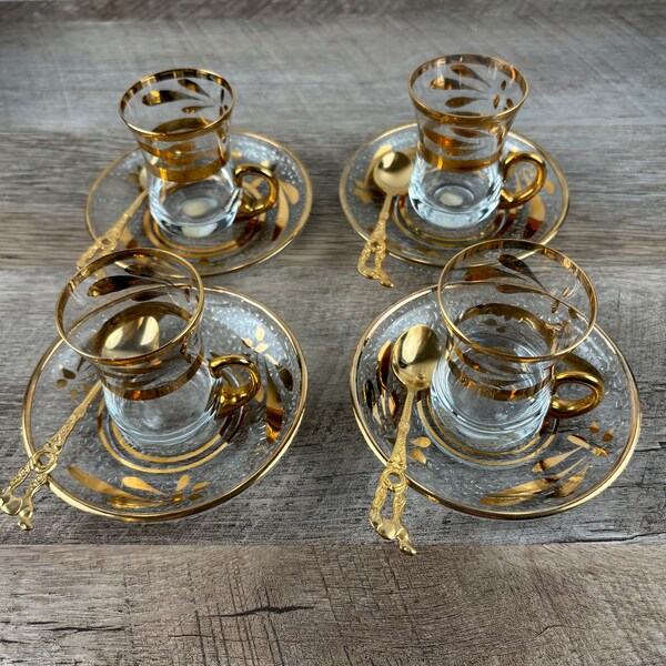 Set of 4 Turkish Coffee / Espresso Cups with Matching Saucers and Gold-Plated Spoons