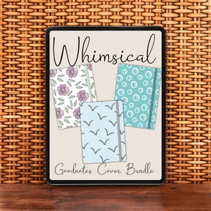 Peut inclure: Trois couvertures de carnet numérique avec des motifs fantaisistes. La première couverture présente un motif floral avec des fleurs roses et des feuilles vertes. La deuxième couverture a un fond bleu avec des cercles blancs. La troisième couverture a un fond bleu clair avec des oiseaux gris. Le texte "Whimsical Goodnotes Cover Bundle" est affiché en haut de l'image.