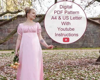 May include: A woman wearing a pink dress stands in a garden with a bouquet of flowers. The text "Digital PDF Pattern A4 & US Letter With Youtube Instructions" is in a circle with a play button icon.