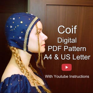 Patrón de costura de cofia - Patrón digital en PDF (tamaño A4 y tamaño carta) - Gorra histórica ajustada - Gorro - Tocado medieval