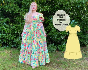 Digital Pattern - PDF - Perfect Picnic Dress - Princess Seam Empire Bodice, Maxi Length Skirt, Pockets, Puff Sleeves and Ruffle XS - XXL