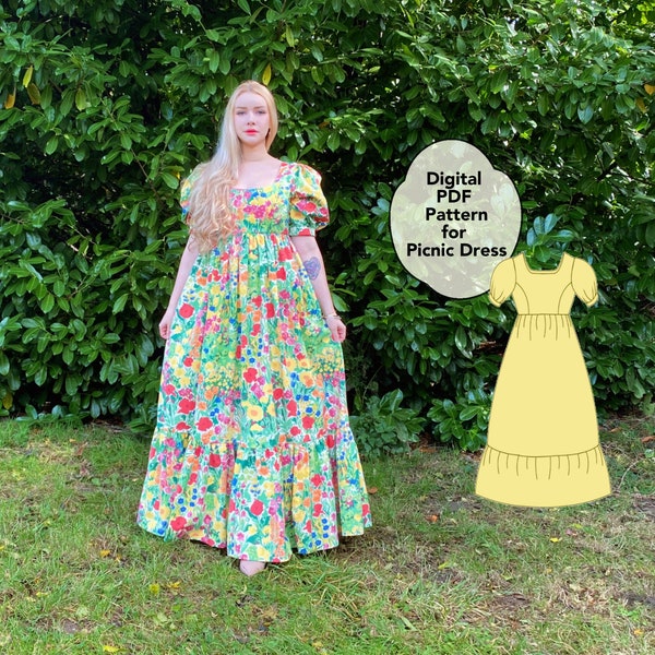 Digital Pattern - PDF - Perfect Picnic Dress - Princess Seam Empire Bodice, Maxi Length Skirt, Pockets, Puff Sleeves and Ruffle XS - XXL