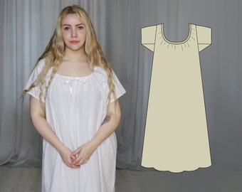 Könnte beinhalten: Ein weißes, kurzärmeliges Kleid mit gerafftem Ausschnitt und einer Schleife am Ausschnitt. Rechts daneben ist eine Strichzeichnung eines ähnlichen Kleides zu sehen.