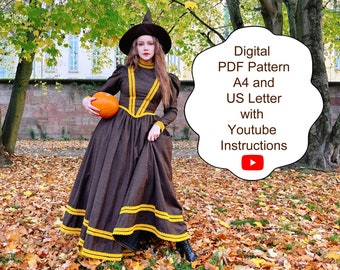 Digital PDF Pattern for Witch Dress Halloween -  32 - 46 in bust - Darted Bodice with Center point and Puff Sleeves Cottage Core