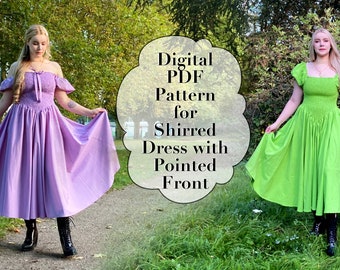 Digital Pattern - PDF - Shirred Dress with Front Point - Full Circle Skirt and Puffed Sleeves Fully Elastic Bodice Sewing Pattern XS - XXL