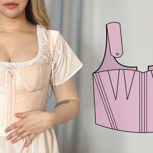 May include: A pink corset with a lace trim and a front closure. A line drawing of a similar corset is shown to the right.