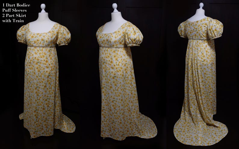 Op de afbeelding: Een witte jurk met een gele bloemenprint. De jurk heeft een getailleerd lijfje met een enkele dart, pofmouwen en een tweedelige rok met een sleep.