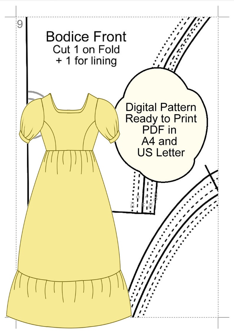 Digital Pattern PDF Perfect Picnic Dress Princess Seam Empire Bodice, Maxi Length Skirt, Pockets, Puff Sleeves and Ruffle XS XXL image 3