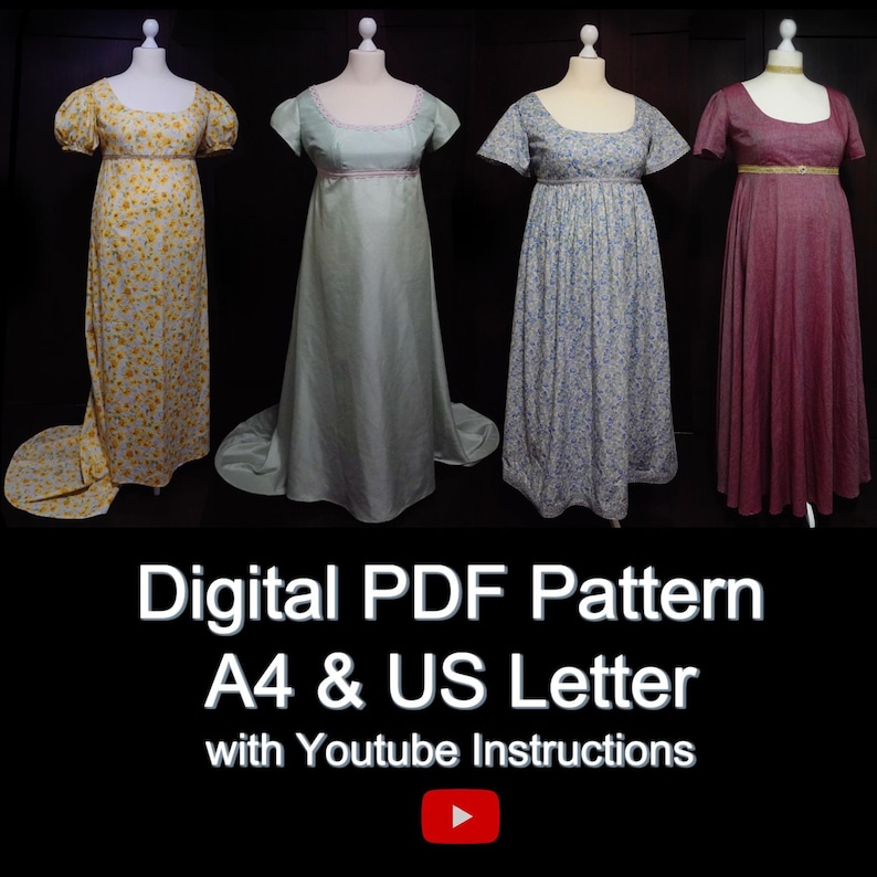 Op de afbeelding: Vier verschillende Regency-jurken in verschillende bloemenprints en effen kleuren. De jurken worden gepresenteerd op mannequins tegen een zwarte achtergrond. De afbeelding bevat de tekst "Digital PDF Pattern A4 & US Letter with Youtube Instructions".