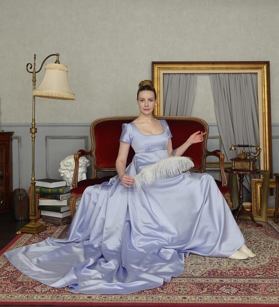 daphne bridgerton blue dress Satin Regency Jane Austen I Burn for you Dress Bust 36-38 inches with Train model-charli Costumes typically run a size:4XL/UK22 Robe De Bal Navy Bridgerton season 1