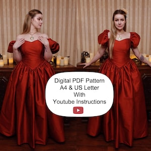 May include: A digital PDF pattern for a red ball gown with puffed sleeves. The pattern includes instructions for sewing the gown. The pattern is available in A4 and US Letter sizes.