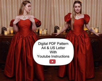 Puede incluir: Un patrón digital PDF para un vestido de bola rojo con mangas abullonadas. El patrón incluye instrucciones para coser el vestido. El patrón está disponible en tamaños A4 y US Letter.
