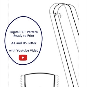 May include: A digital PDF sewing pattern for a garment, with sizes L, XL, and XXL. The pattern is ready to print and includes instructions for both A4 and US Letter paper sizes. A YouTube video tutorial is also included.