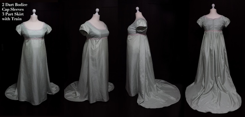 Op de afbeelding: Een lichtgroene, lange jurk met een getailleerd lijfje en een volle rok. De jurk heeft korte mouwen en een sleep. Het lijfje heeft een roze bies rond de halslijn en taille.