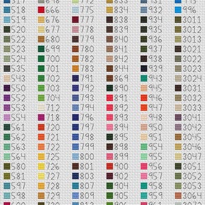 May include: A cross-stitch colour chart with numbered blocks. The chart shows a grid of various colours, including shades of blue, green, red, and yellow, with corresponding numbers for each colour.