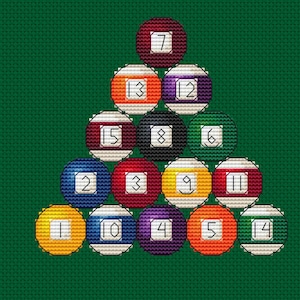 May include: A digitally rendered image of a pool table setup. The green felt background is textured. A white cue ball is at the top, with a triangle of numbered billiard balls below. The balls are various colors, with numbers 1-15 visible.