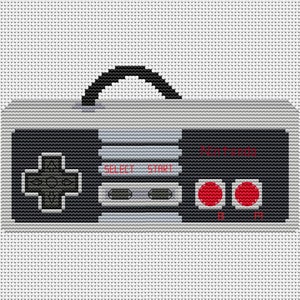 May include: Cross-stitch design of a classic video game controller. The controller is gray, black, and red, with the word "NINTENDO" and the buttons "SELECT" and "START" visible. The design includes a black handle.
