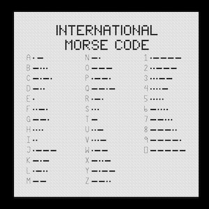 May include: A black and white chart showing the International Morse Code alphabet, numbers, and punctuation marks. The chart is divided into three columns, with the letters of the alphabet on the left, the numbers in the middle, and the punctuation marks on the right. Each letter, number, and punctuation mark is represented by a series of dots and dashes.