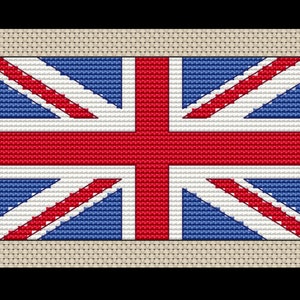Może przedstawiać: Wzór haftu krzyżykowego przedstawiający flagę brytyjską, flagę w kolorze czerwonym, białym i niebieskim z czerwonym krzyżem w środku.