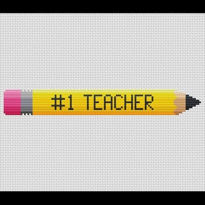 May include: A yellow pencil with a pink eraser and a black tip. The text "#1 TEACHER" is printed on the pencil in black. The pencil is set against a white background.