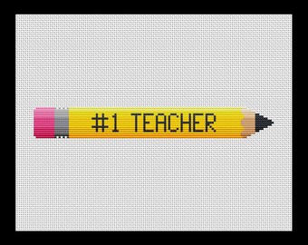 Number One Teacher Pencil PDF Cross-stitch, Instant Digital Download