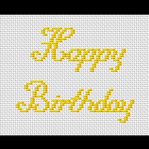 Puede incluir: Un diseño de punto de cruz sobre un fondo blanco con las palabras "Happy Birthday" en amarillo. El texto está en cursiva, y las puntadas son claramente visibles, creando un aspecto hecho a mano.